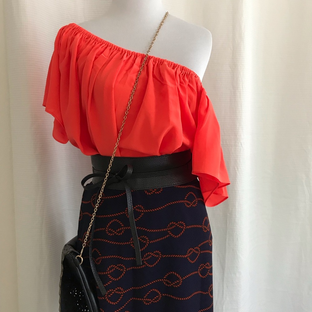 Orange off the shoulder with pencil skirt
